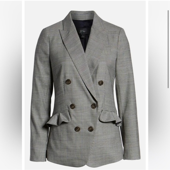 J Crew Wool Glen Plaid Ruffle Pocket Blazer in Classic Gray - Picture 2 of 13